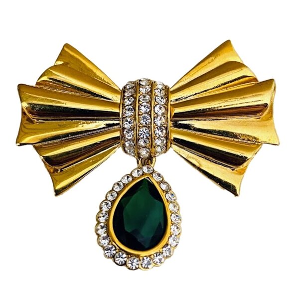Vintage 2004 Avon Gold-Tone Bow Brooch With Green Teardrop Gemstone & Rhinestone - Picture 1 of 5